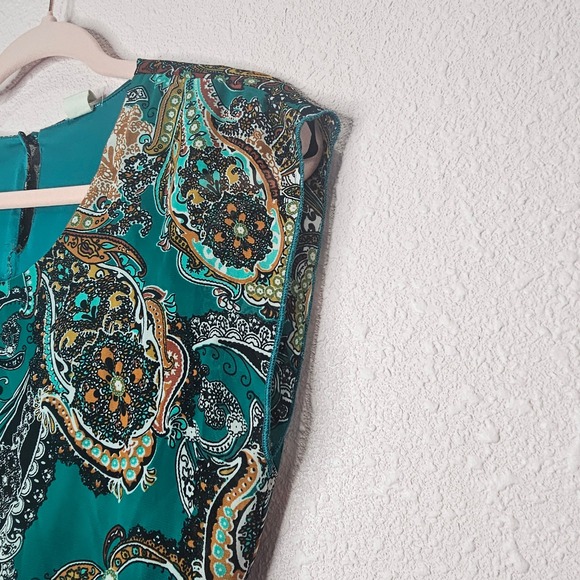 Paisley Print Green Dress Sheer Overlay Sleeveless Party Cocktail Autumn Harvest - Picture 4 of 12